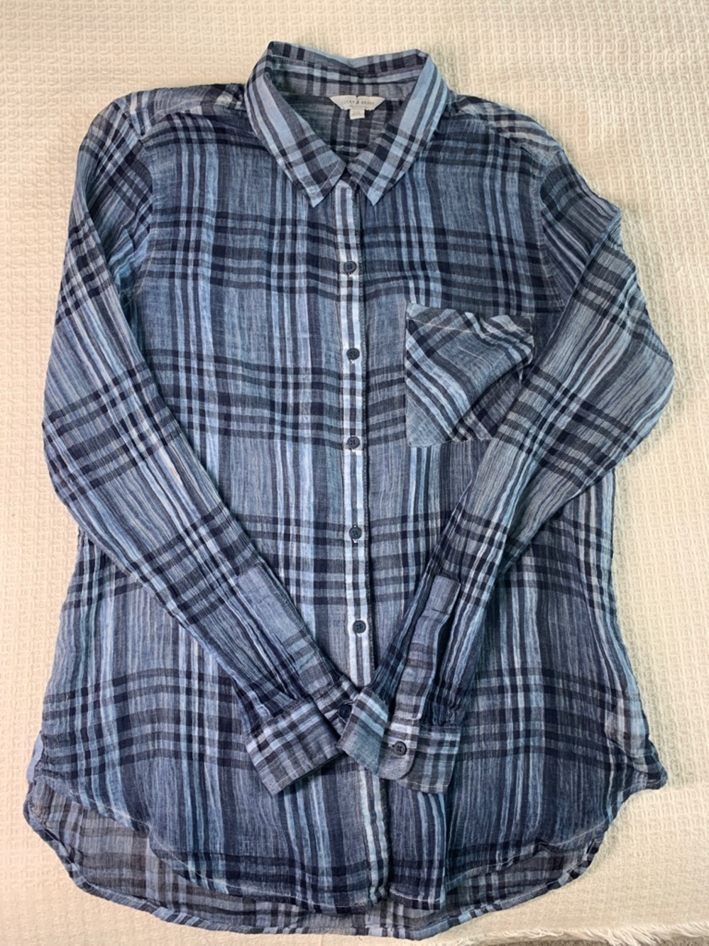 Lucky Brand gauzy cotton blue plaid button down shirt size large